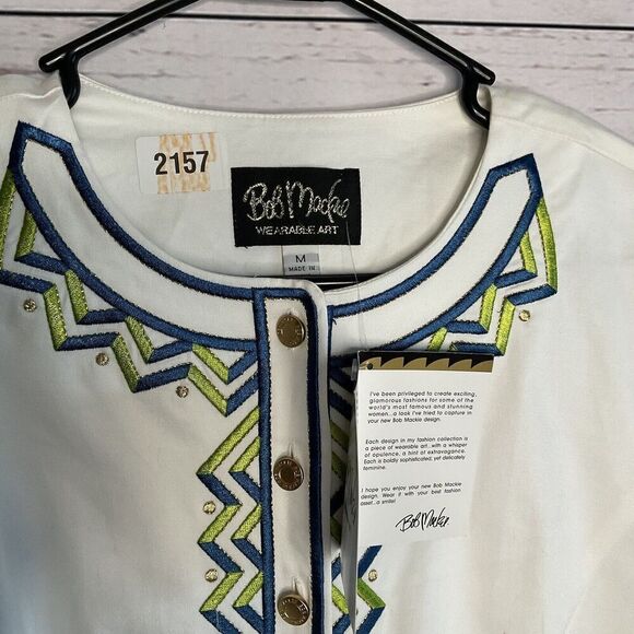 Bob Mackie Women’s M  Zip Zag Embroidered Button Front  White Twill  Jacket*‎ - Picture 3 of 11